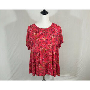 Torrid Top Womens 1X Pink Floral Ruffle Hem Flutter‎ Sleeve Back Keyhole Blouse